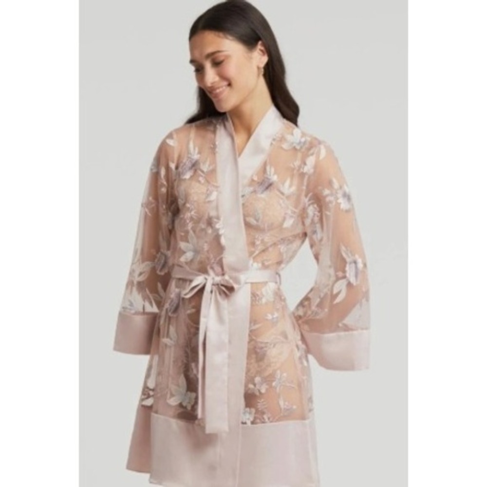 Rya Collection Sepia Rose Embroidered Mesh Kimono Robe Cover Up M L‎